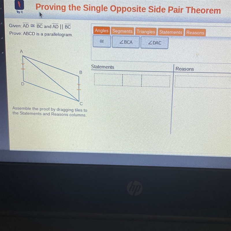 Proving the Single Opposite Side Pair Theorem Given: AD = BC and AD || BC Prove: ABCD-example-1