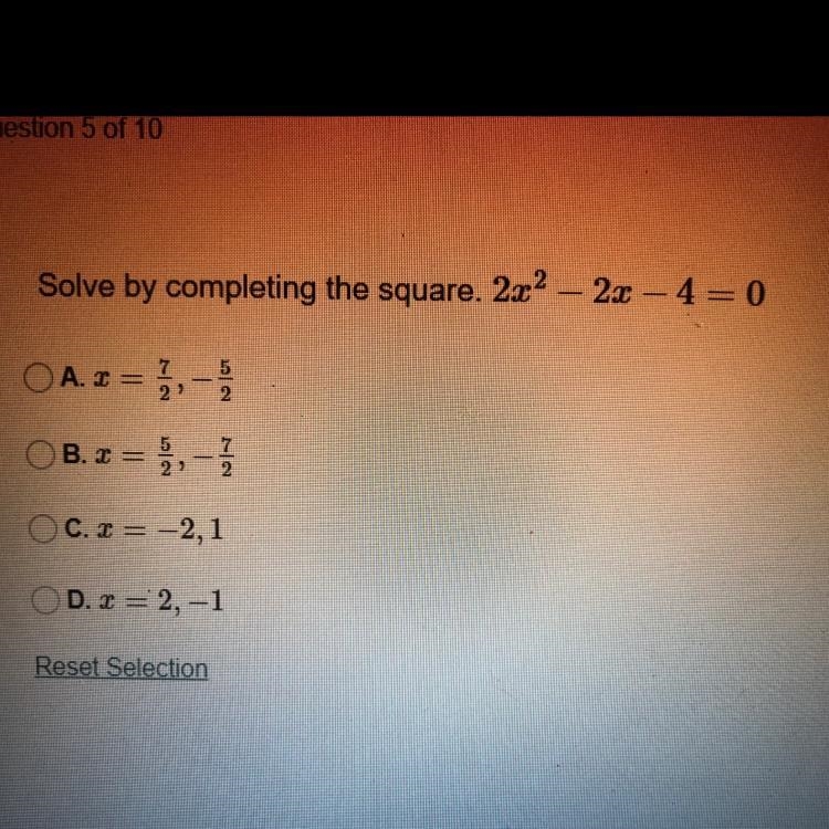 Solve by completing the square. 2x^2 – 2x – 4 = 0-example-1