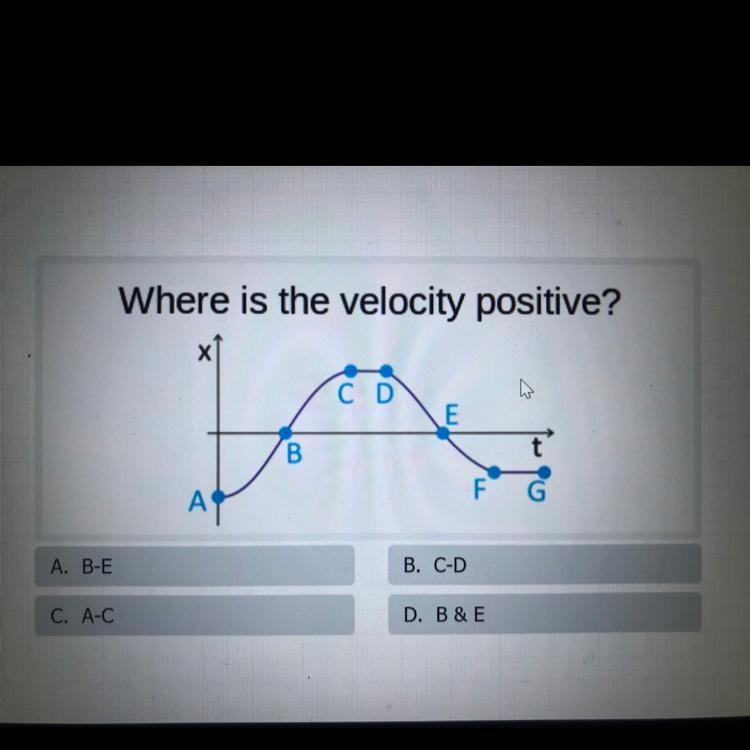 Where is the velocity positive? x C D E B t A А A. B-E B. C-D C. A-C D. B & E-example-1