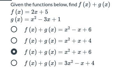 Given the functions below, find f(x)+g(x) CHECK MY ANSWERS PLEASE-example-1