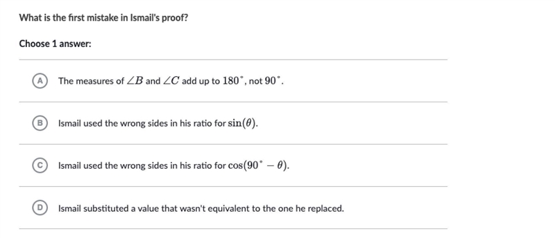 Ismail tried to prove that sin(θ) = cos(90°− θ) using the following diagram. His proof-example-2