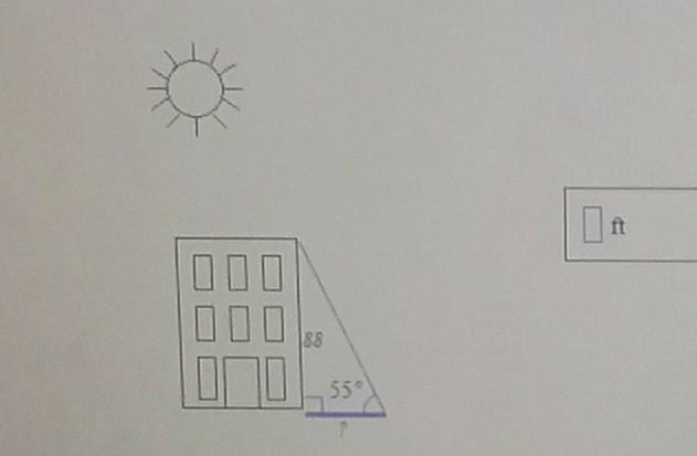 If the sun is 55° above the horizon, find the length of the shadow cast by a building-example-1