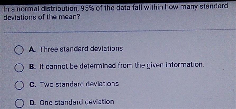 In a normal distribution, 95% of the data fall within how many standard deviations-example-1