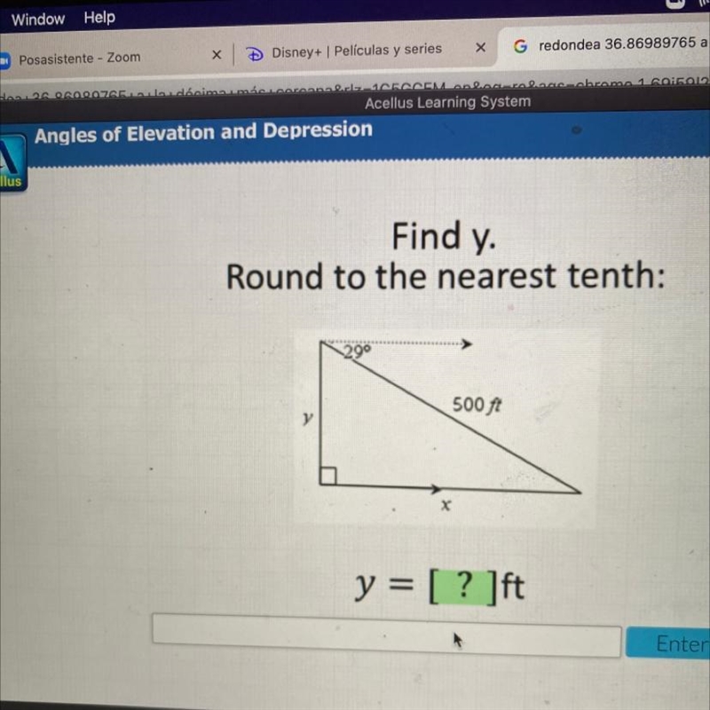 Find y Round to the nearest tenth: 29 500 ft y х y = [ ? ]ft-example-1