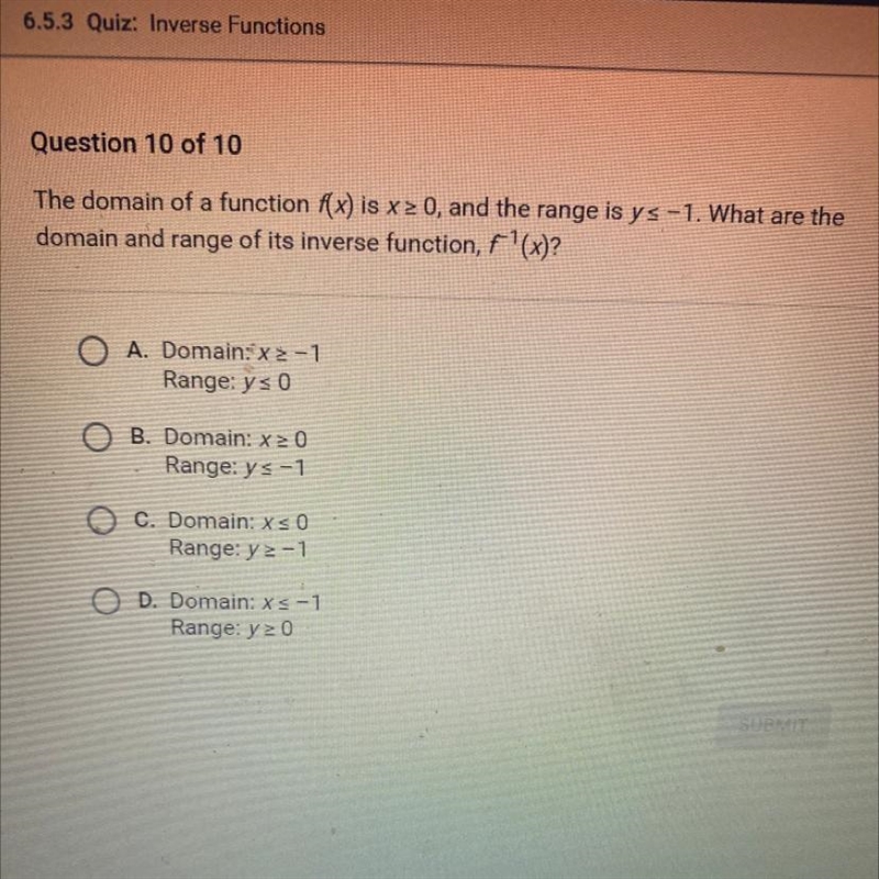 PLEASE HELP!! The domain of a function f(x) is x <_ 0, and the range is y <_-1. What-example-1