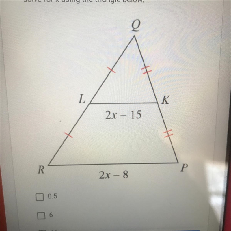 Select the correct equation and correct answer to solve for x using the triangle below-example-1