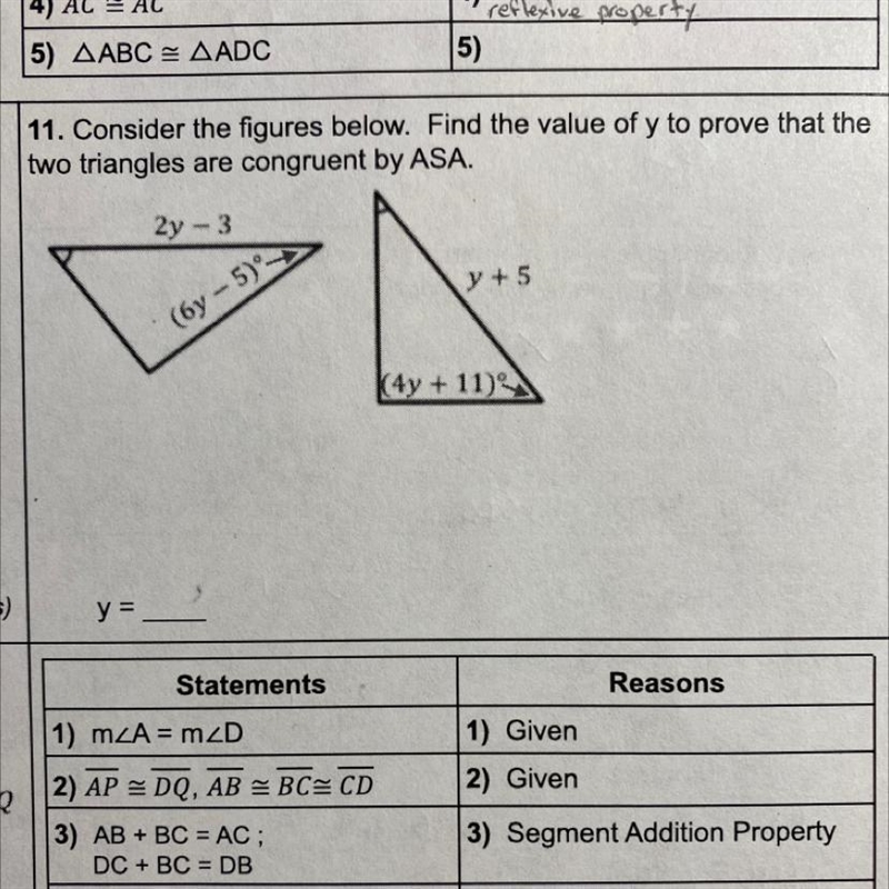 11. Consider the figures below. Find the value of y to prove that the two triangles-example-1