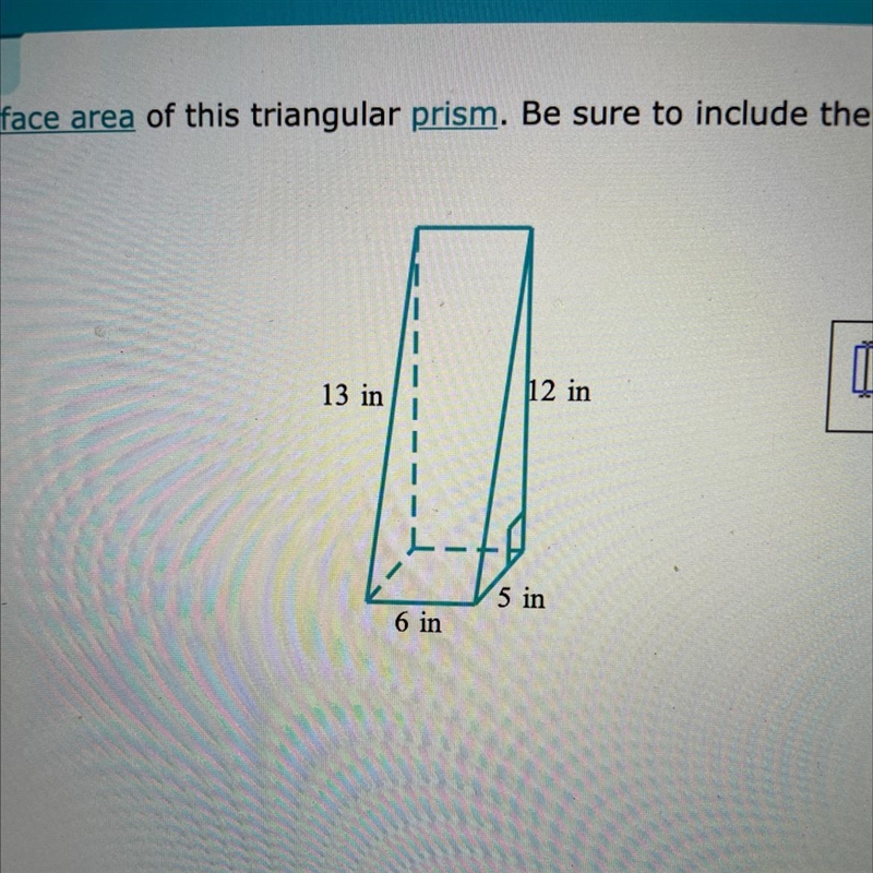 Surface area of a triangular prism Find the surface area of this triangular prism-example-1