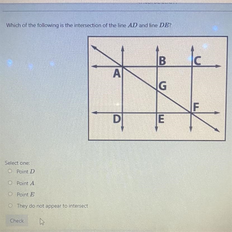 Which of the following is the intersection of the line AD and line DE?-example-1