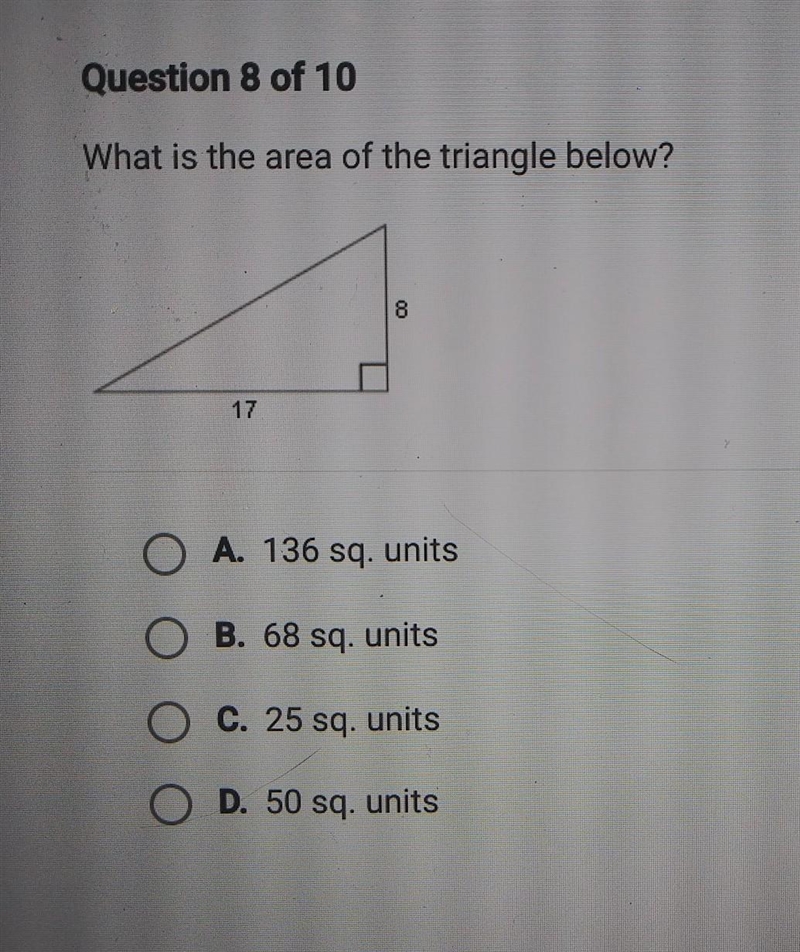 What is the area of the triangle below? 00 17 O A. 136 sq. units O B. 68 sq. units-example-1