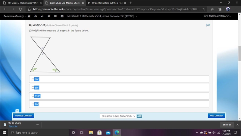 50 points but take out the 0 Find the measure of angle x in the figure below: 60° 50° 110° 70°-example-1