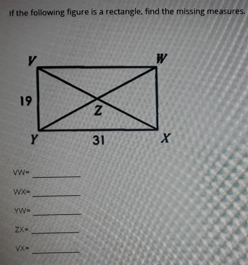 If the following figure is a rectangle, find the missing measures. round all answers-example-1