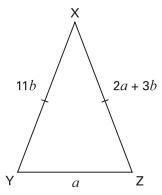 Side XY is of length 11b . Side XZ is of length 2a+3b. Side YZ is of length a The-example-1