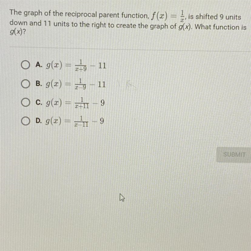 The graph of the reciprocal parent function, f(x) = ), is shifted 9 units down and-example-1