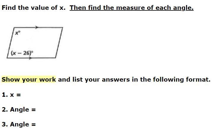 Find the value of x. Then find the measure of each angle. 1. x = 2. Angle = 3. Angle-example-1