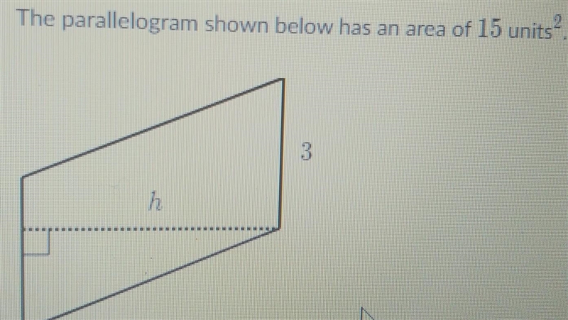 The parallelogram shown below has an area of 15 units^2 Find the missing height. ​-example-1