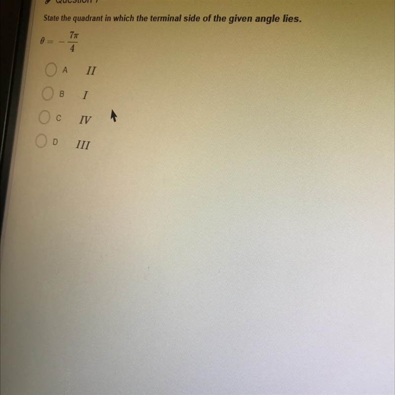 Question / State the quadrant in which the terminal side of the given angle lies. 0 = 77 4. А-example-1