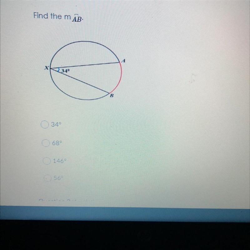 Find the m AB X 34° B 34° 68° 146° 56°-example-1