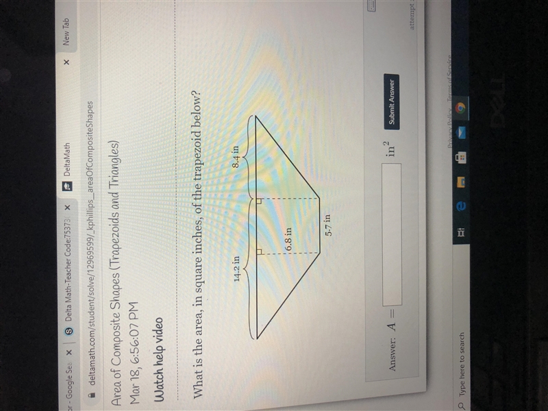 What is the area, in square inches, of the trapezoid below?-example-1