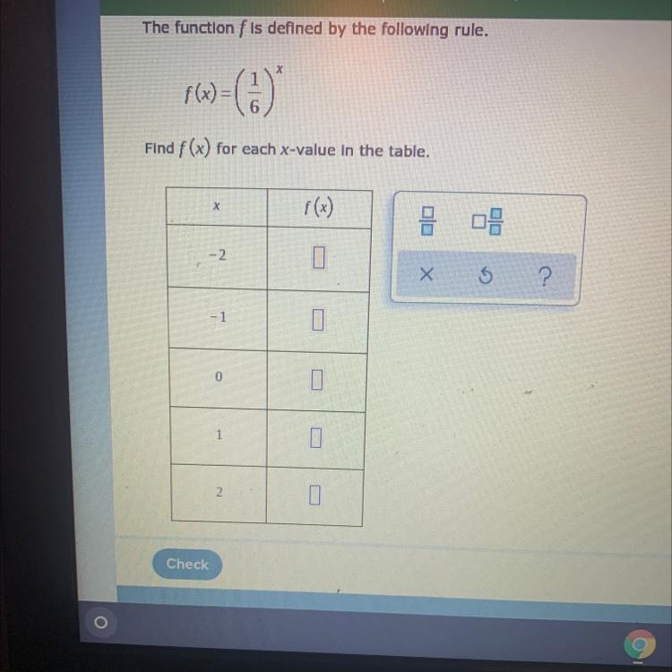 The function f is defined by the following rule. Find f(x) for each x-value in the-example-1