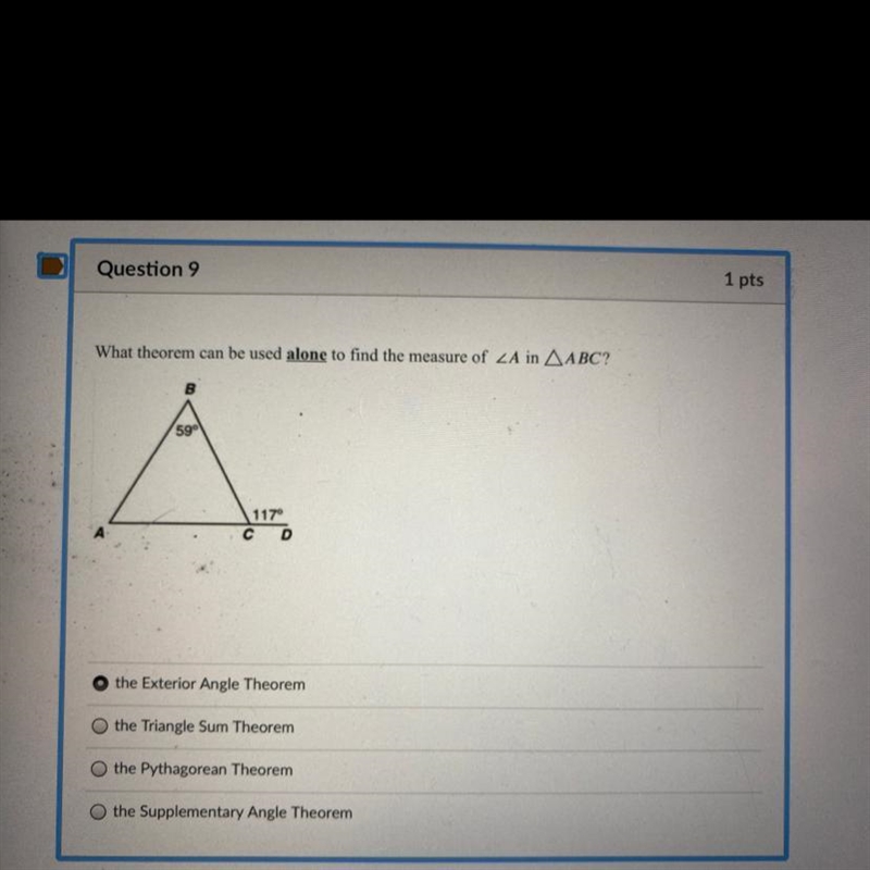 What theorem can be used alone to find the measure of A in ABC? im pretty sure it-example-1