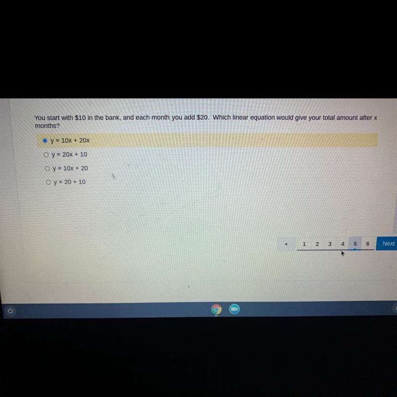 If you Start with $10 in the bank and each month you add $20 which line equation will-example-1