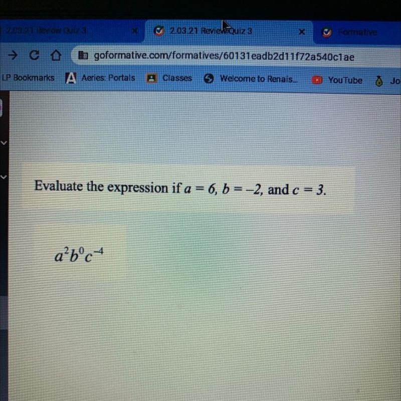 Evaluate the expression (a^2 b^0 c^-4) if a=6, b=-2, and c=3-example-1