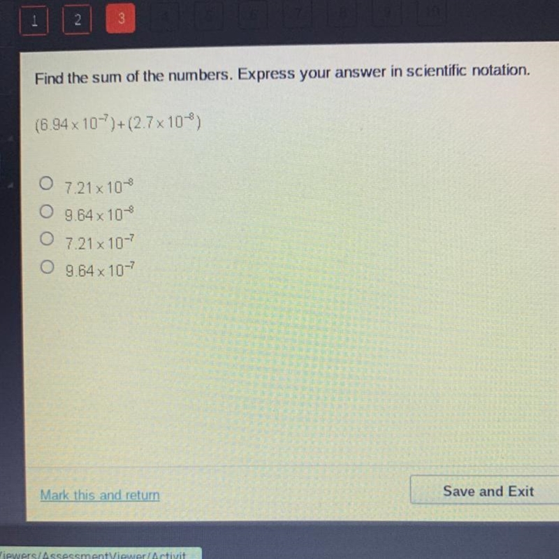 Find the sum of the numbers. Express your answer in scientific notation. (6.94 x 10-7)+(2.7x-example-1