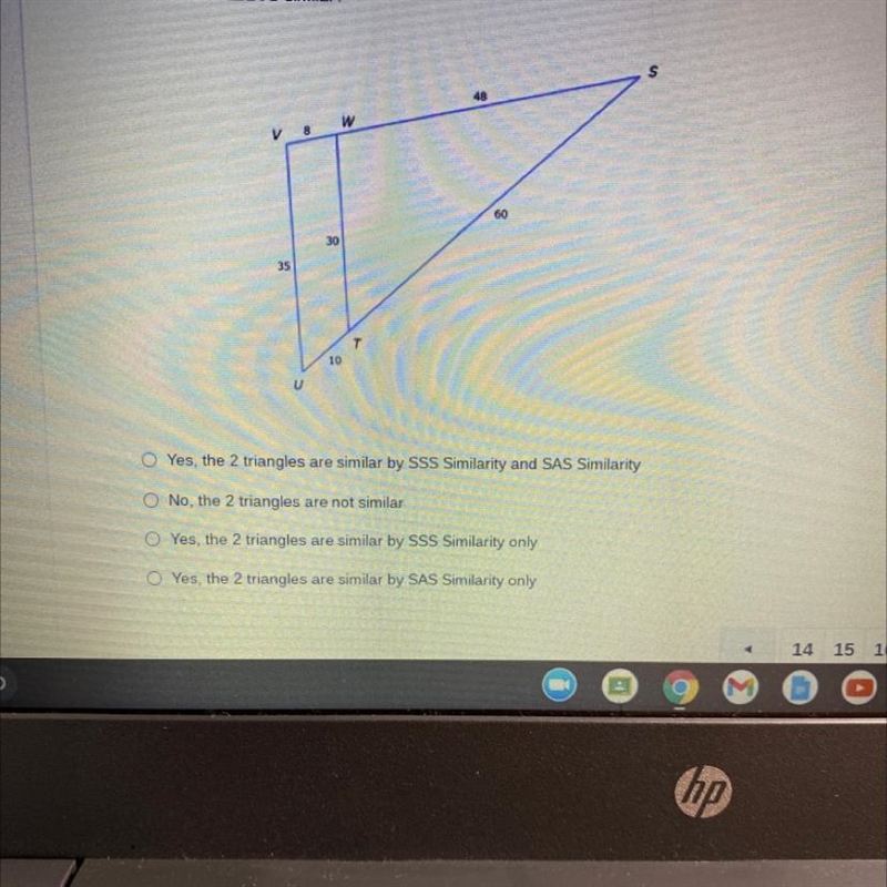 Are is the Triangle SWT and triangle SVU similar? What would be the answer?-example-1