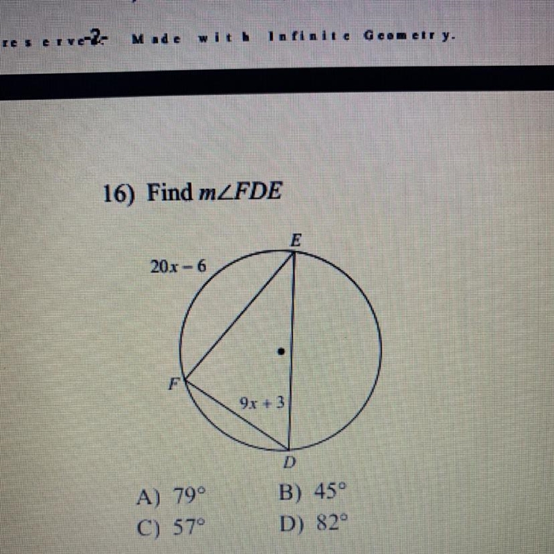 Find the measure of the arc or angle indicated. Find m angle FDE-example-1