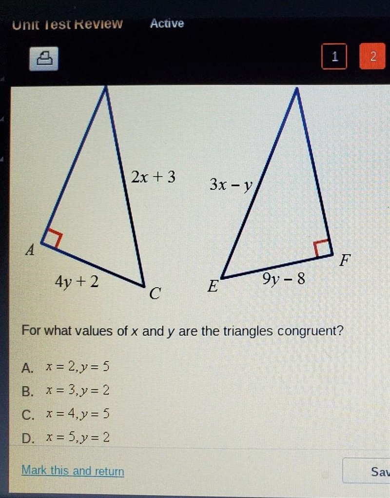 For what values of x and y are the triangles congruent​-example-1