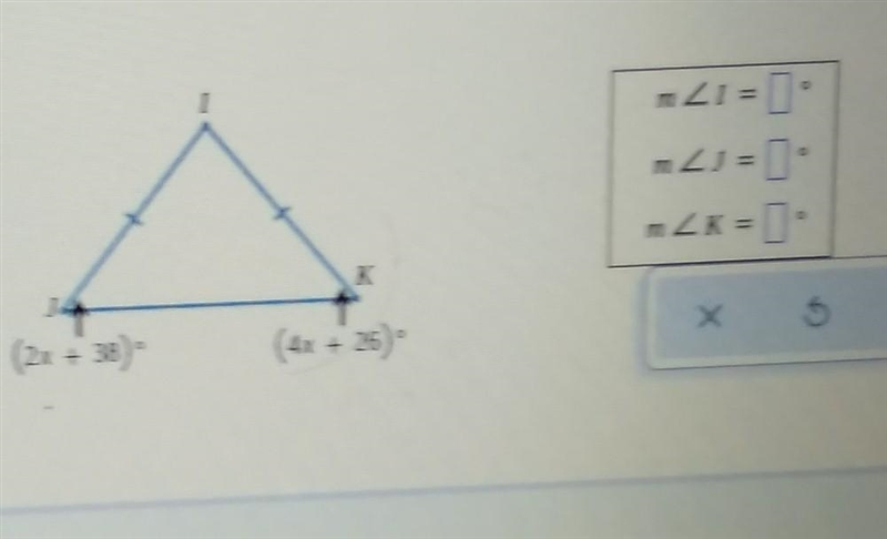 M angle j= (2x+38° and m angle k=4x+26)​-example-1