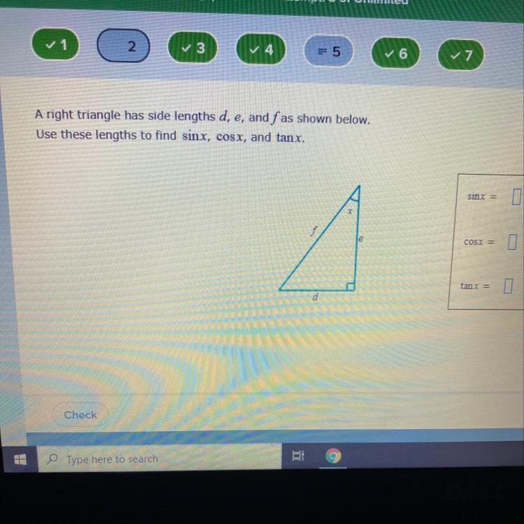 A right triangle has side lengths d, e, and f as shown below use these lengths to-example-1