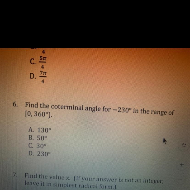 Find the coterminal angle for -230° in the range of [0, 360°)-example-1