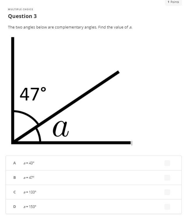 The two angles below are complementary angles. Find the value of a.-example-1