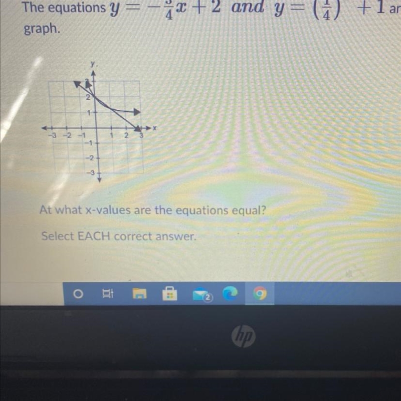 The equations y=-3/4x +2 and y (1/4) x +1 are shown of the graph at what x-values-example-1