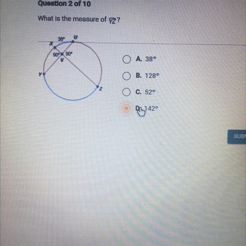 What is the measure of YZ? V O A. 38° O B. 1289 z C. 520 O D. 142-example-1