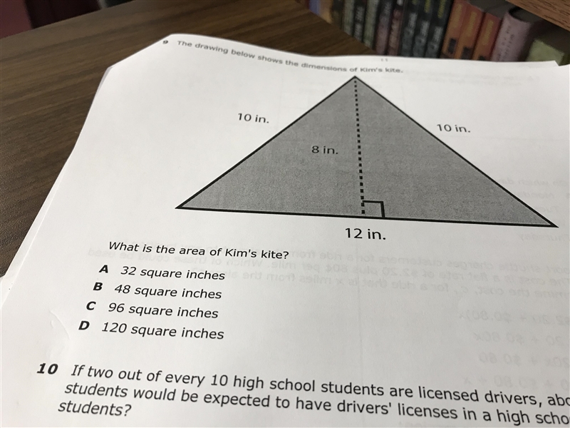 The drawing below shows the dimensions of Kim kite what is the area of Kim's Kite-example-1