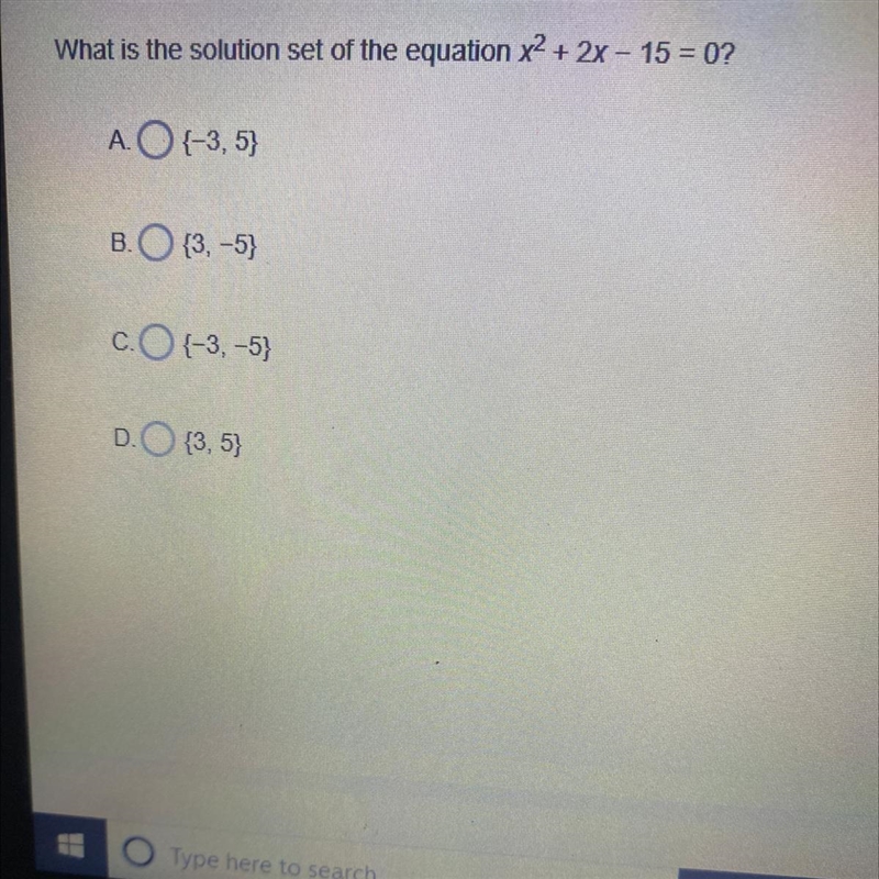 What is the solution set of the equation x2 + 2x – 15 = 0?-example-1