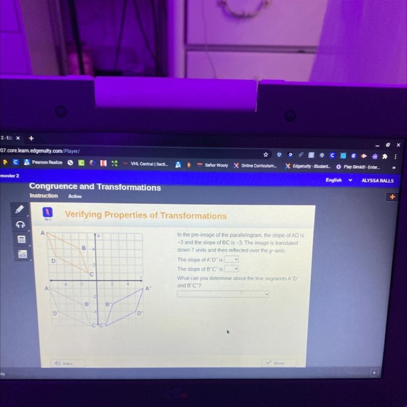 HELP PLZ! proerties of Transformations In the pre-image of the parallelogram, the-example-1