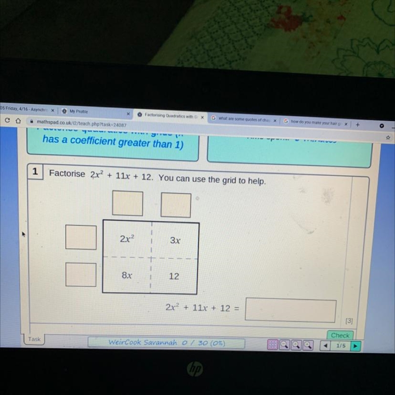 1 Factorise 2x2 + 11x + 12. You can use the grid to help. 2x 3x 8x 1 12 2x2 + 11x-example-1