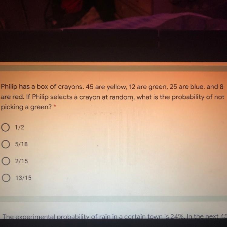 Philip has a box of crayons. 45 are yellow, 12 are green, 25 are blue, and 8 are red-example-1