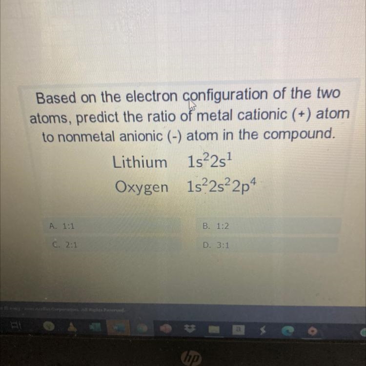 Based on the electron configuration of the two atoms, predict the ratio of metal cationic-example-1