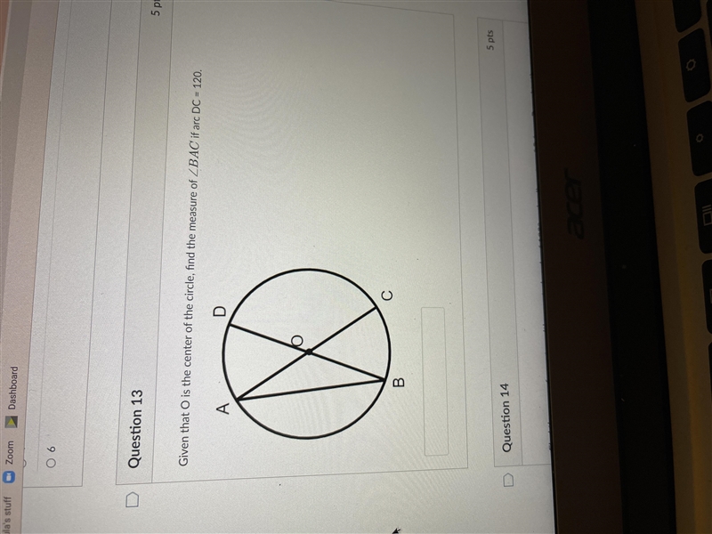 Given that O is the center of the circle, find the measure of angle BAC of arc DC-example-1