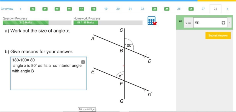 Find angle x i have worked out the answer and put my reasoning but isnt giving me-example-1