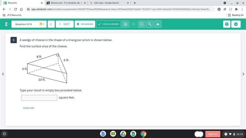 A wedge of cheese in the shape of a triangular prism is shown below. ​Find the surface-example-1