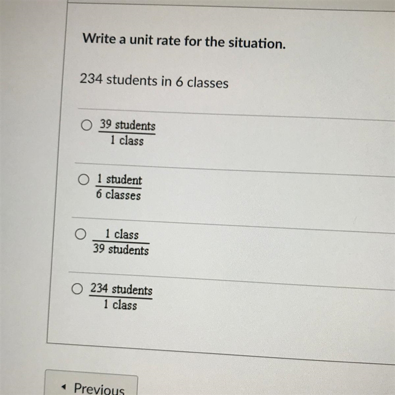 Write a unit rate for the situation. HURRYYY PLEASE FASTTT 234 students in 6 classes-example-1