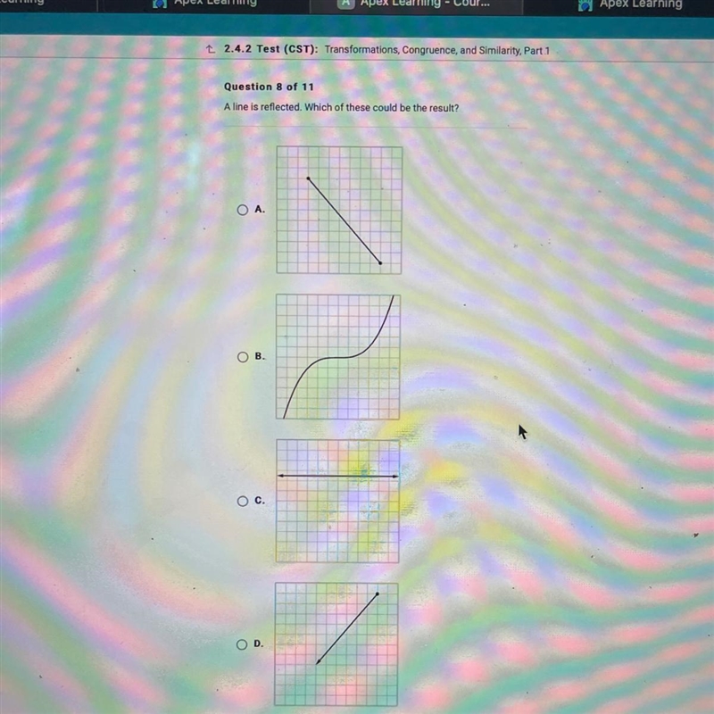 A line is reflected. Which of these could be the result? O A. B. O c. / OD.-example-1