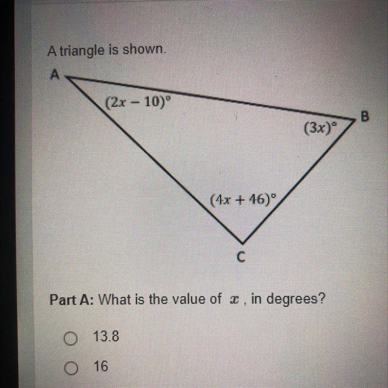 What is the value of X in degrees? A.13.8 B.16 C.20 D.24-example-1