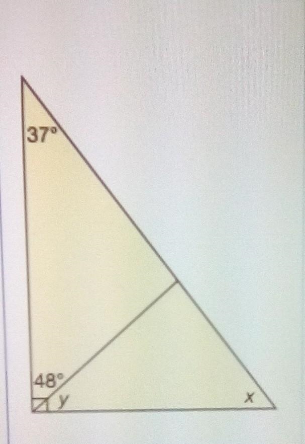 Question : find the measure of angles x and y show your work and write a sentence-example-1